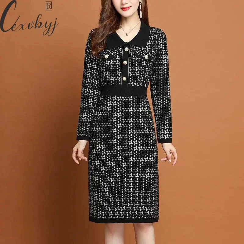 

Women Elegant Plaid Korean Dress 2022 Autumn Winter Long Sleeve Sweater Dress Slim High Waist Polo Collar A-Line Knitted Dress