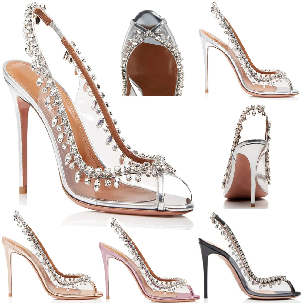 

Women Stiletto Thin High Heels Crystal Pumps Sexy Peep Toe Wedding Bridals Shoes Spring Rhinestone Ball Party Lady Heel 2-F-PU-1