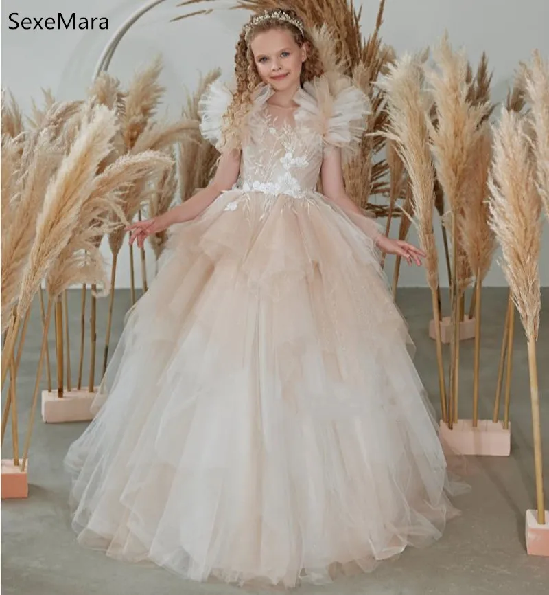 

Champagne Tulle Flower Girl Dresses Long Length Children Wedding Party Gown Pageant Dress First Communion Dress for Teens