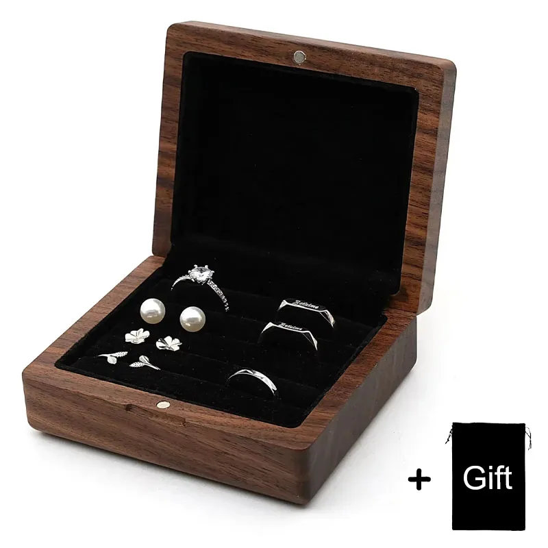 

10*8 см персонализированная деревянная шкатулка для драгоценностей с гравировкой и сумкой, держатель для колец и сережек, большая коробка для хранения драгоценностей из ореха и витрины, бесплатный логотип