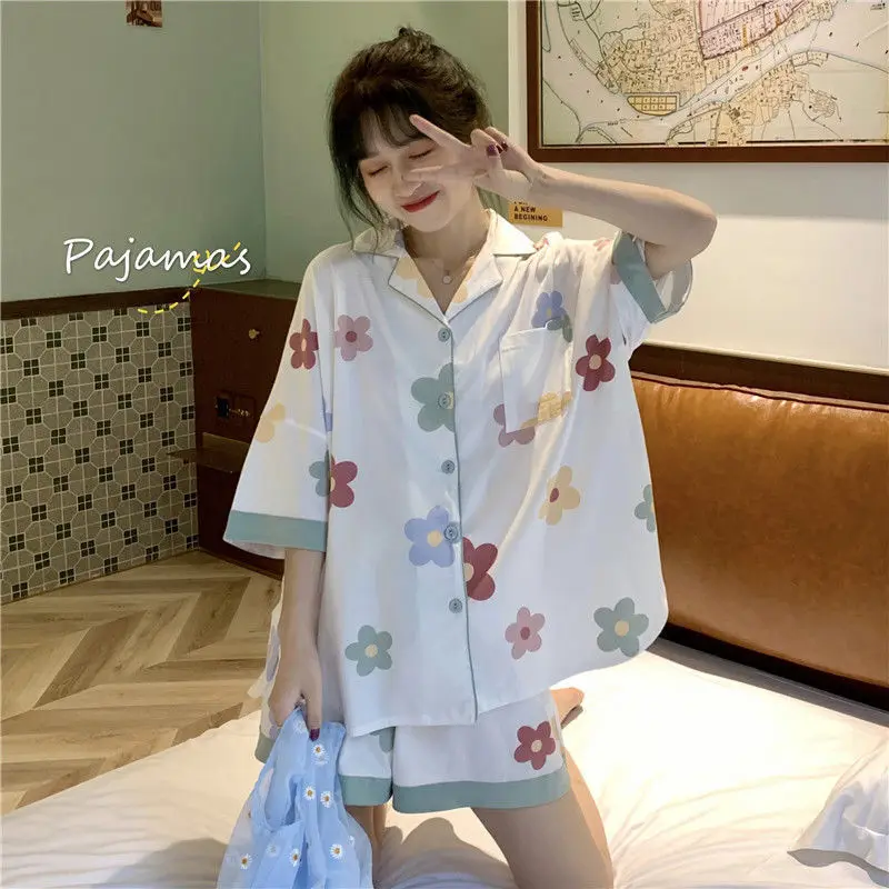

Floral Sleepwear Women Pajama Sets Pocket Pijama Shorts Sleeve Korean Style Loungewear Turn Down Collar Home Suit Night Wears