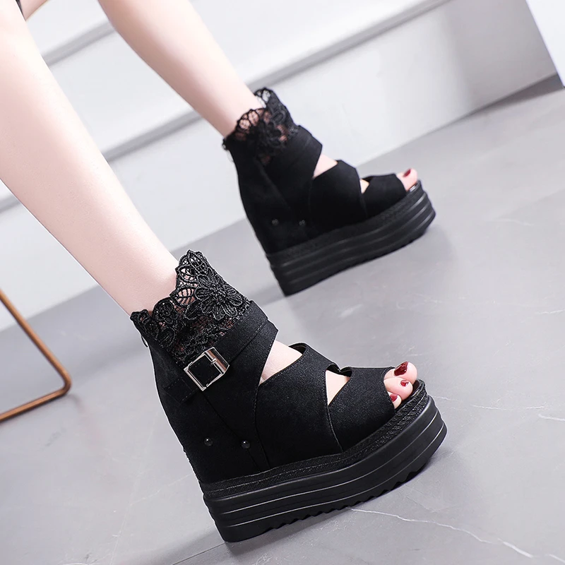 

Сандалии женские кружевные на высокой танкетке, дышащие Босоножки с открытым носком, свадебное платье, высокий каблук, цвет белый, 12 см