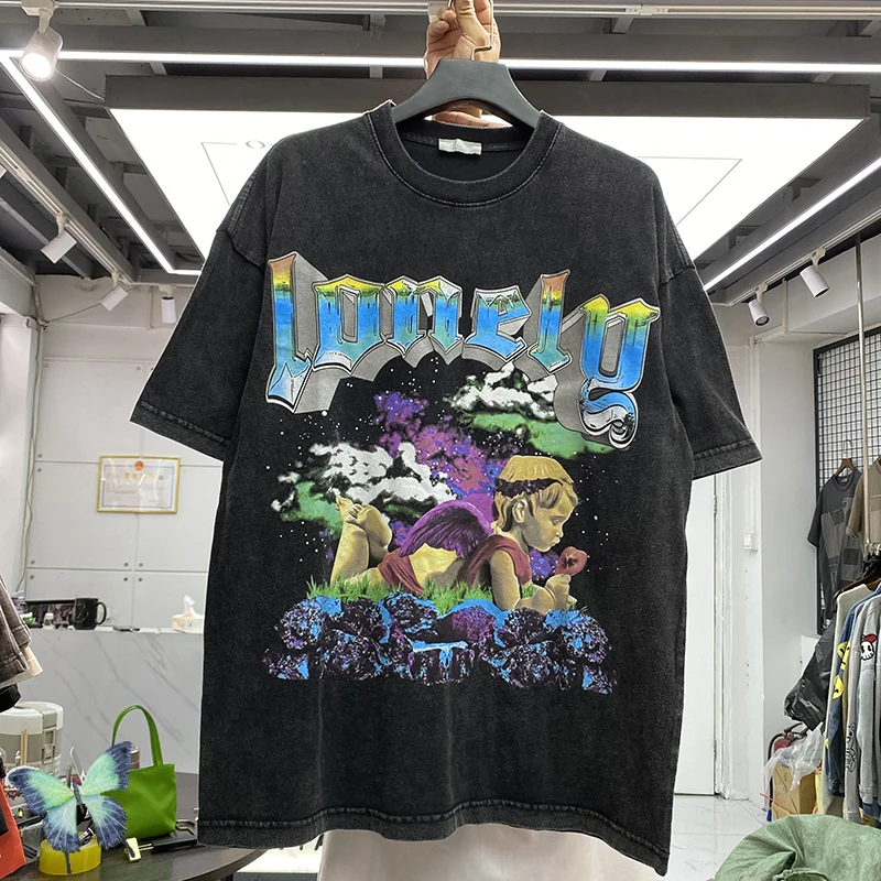 

3D Colorful Lonely Letter Angel Baby Cartoon Print Distressed Casual T-Shirt