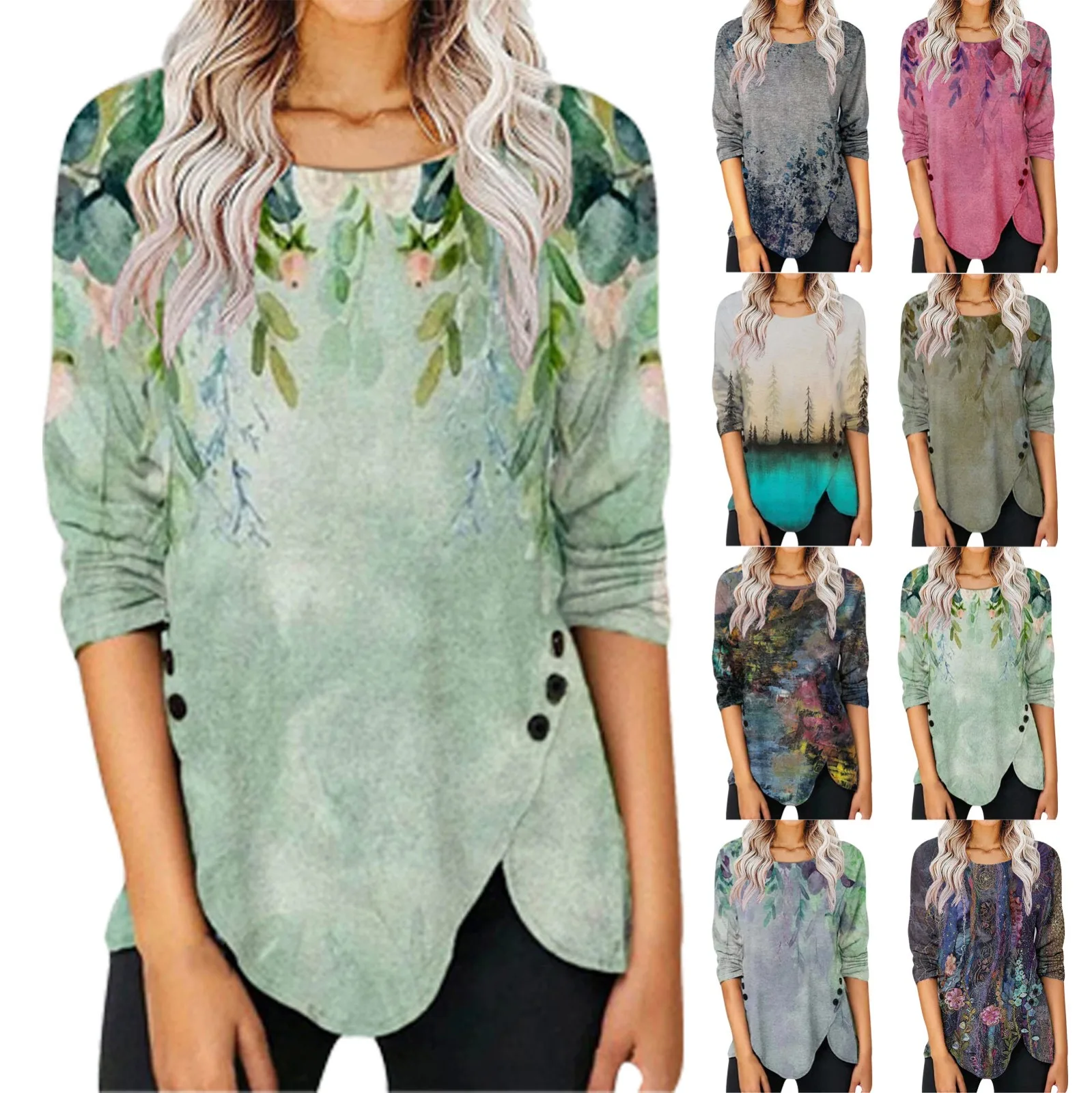 

Summer Women's T-Shirt Casual Printed Button Irregular Hem Long Sleeve Zipper Loose T-Shirt Summer Tops