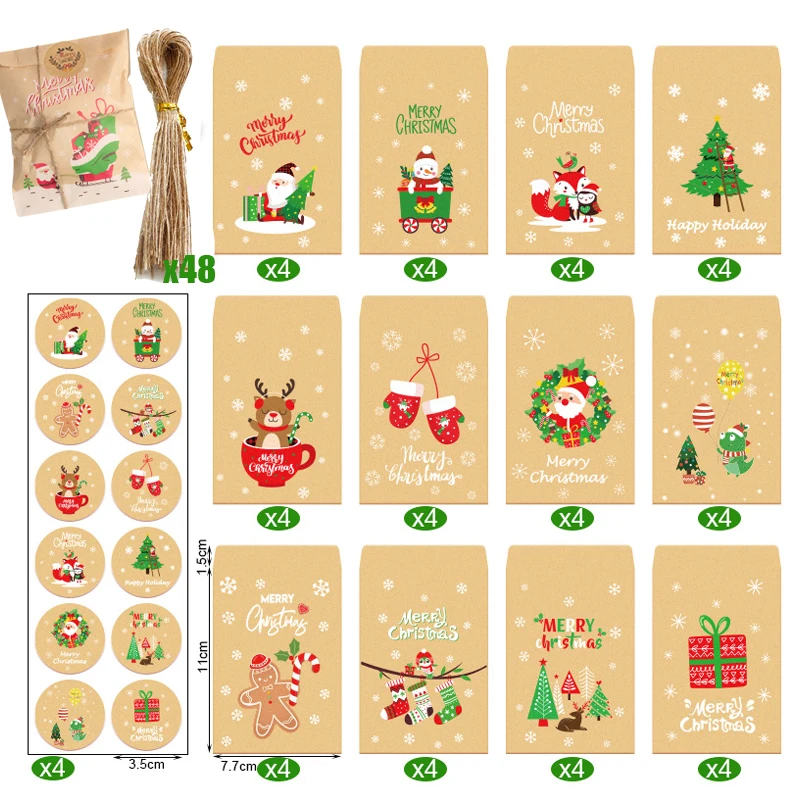

48Set Christmas Kraft Paper Bags Santa Claus Fox Holiday Xmas Gift Bags Party Candy Cookie Packaging Pouch Bags