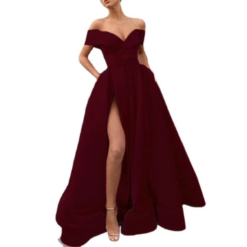 Elegant Strapless Solid Club Party Dress Sexy Off Shoulder Backless Slit Maxi Dress Summer Women Short Sleeve Boho Long Dresses