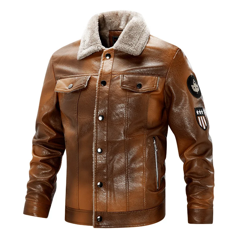 Men'S Leather Clothes, Young People'S Leisure, Can'T Be Washed Off,  Plush Warm Jacket, Autumn And Winter, Multi Bag Coat
