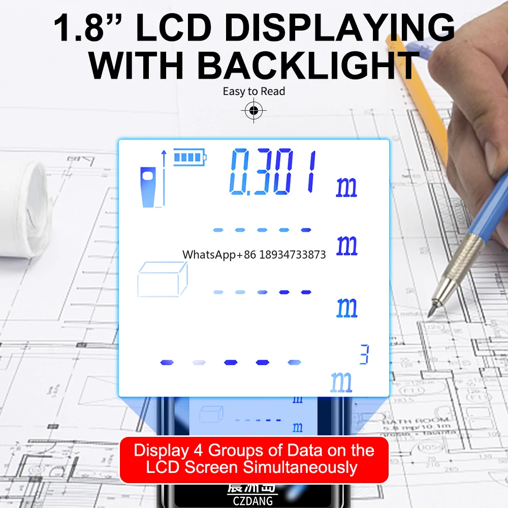 z możliwością przełączania m/ft/in/ft + in. Zakres 120 metrów/394 stopy Cyfrowy laserowy dalmierz na podczerwień Taśma miernicza 2 poziomami