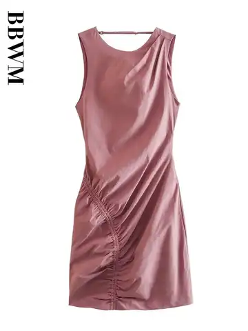 Backless Short Dresses Woman 2023 Summer Ruched Mini Dress for Women O Neck Sleeveless Dress Chic Female Elegant Party Dresses