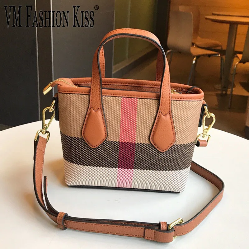 

2023 New Stripes Canvas Leather Luxury Small Women‘S Bag Female Tote Purse Retro Versatile Top Handle Lady Bucket Handbags