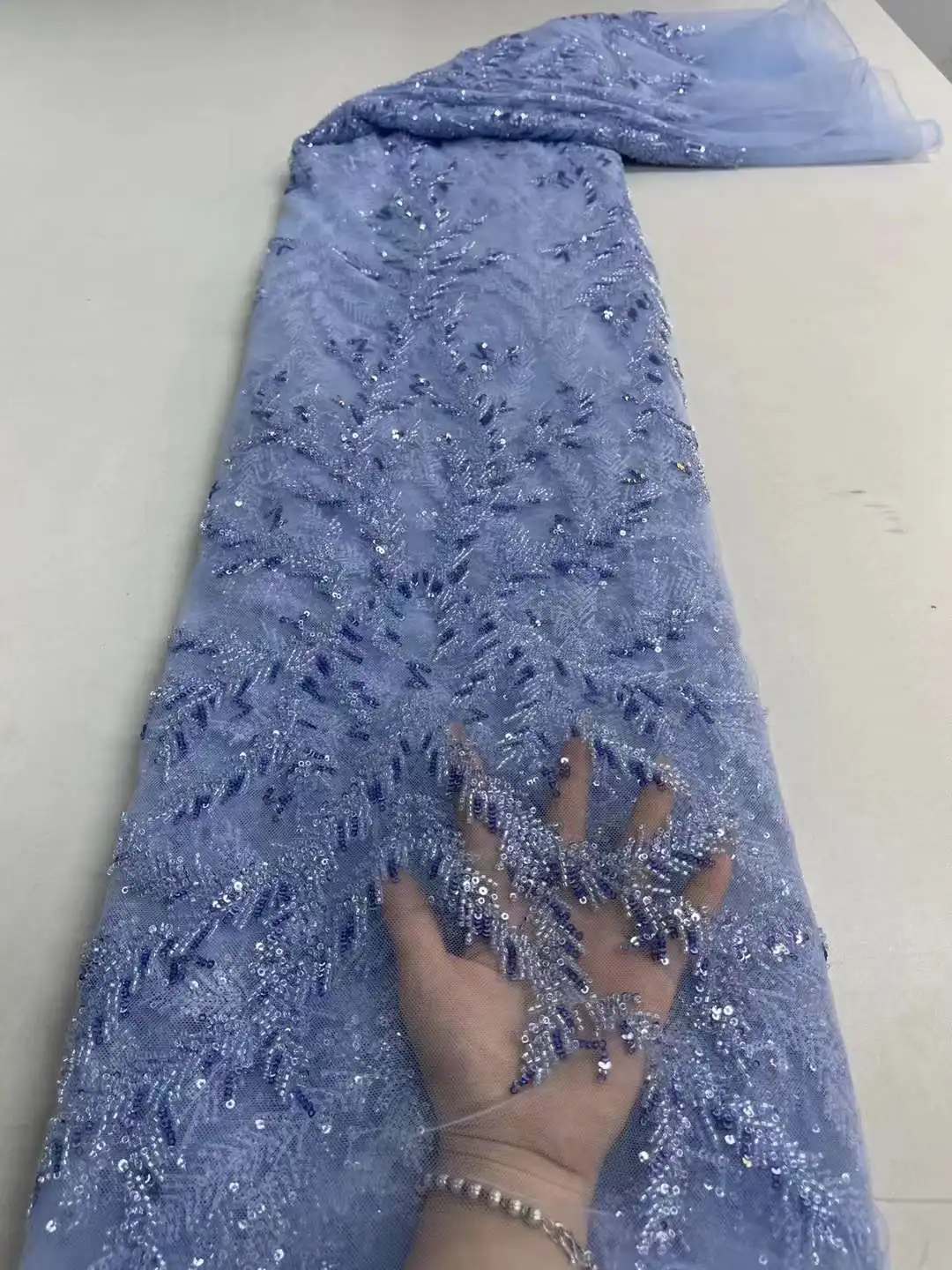 

African Sequins Lace Fabric 2022 High Quality Nigerian French Mesh Tulle Lace Fabric 5Yards For Wedding Party Dress zx-0350