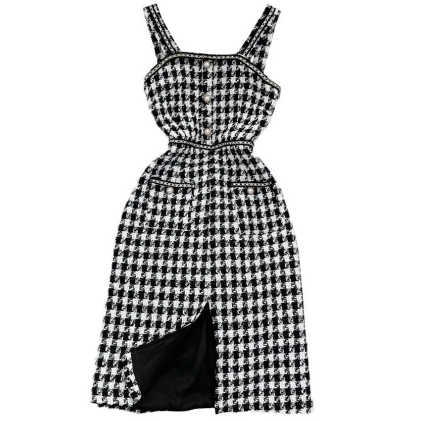 

Small Fragrance Tweed Plaid Strap Dress Women Autumn Winter Slim A-line