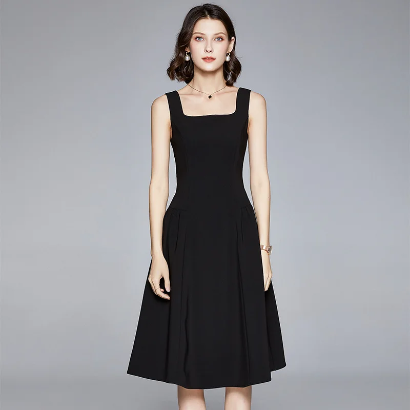 

Summer temperament medium length large hem small black skirt solid color sleeveless slim fit square neck A-line Hepburn dress