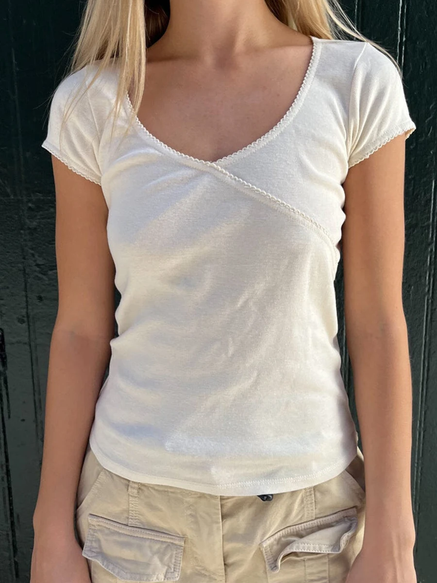 

Однотонная винтажная облегающая футболка с вышивкой, женская летняя уличная одежда с V-образным вырезом, хлопковый топ, милая шикарная футболка Y2k, женская одежда, 2023