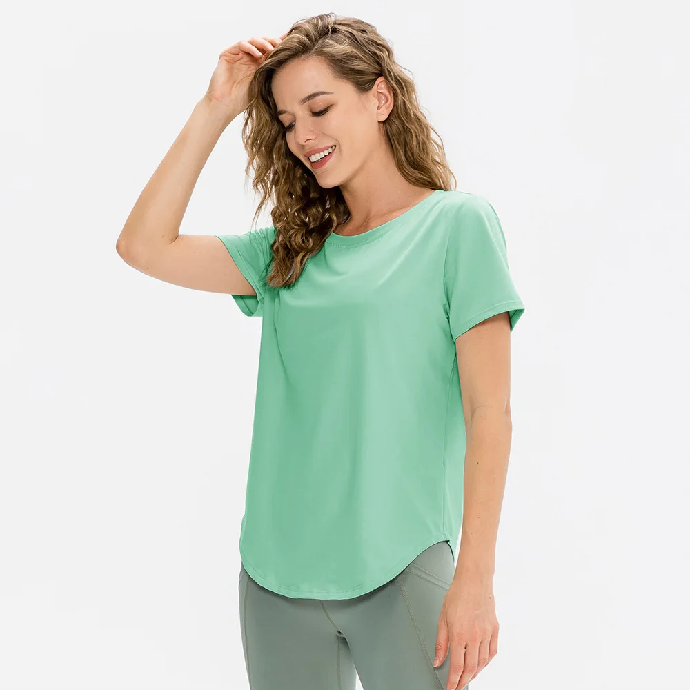 With Logo Women Loose Yoga Short Sleeve Breathable Running Sports Top Casual T-shirt Elastic Speed Dry Fitness Clothing