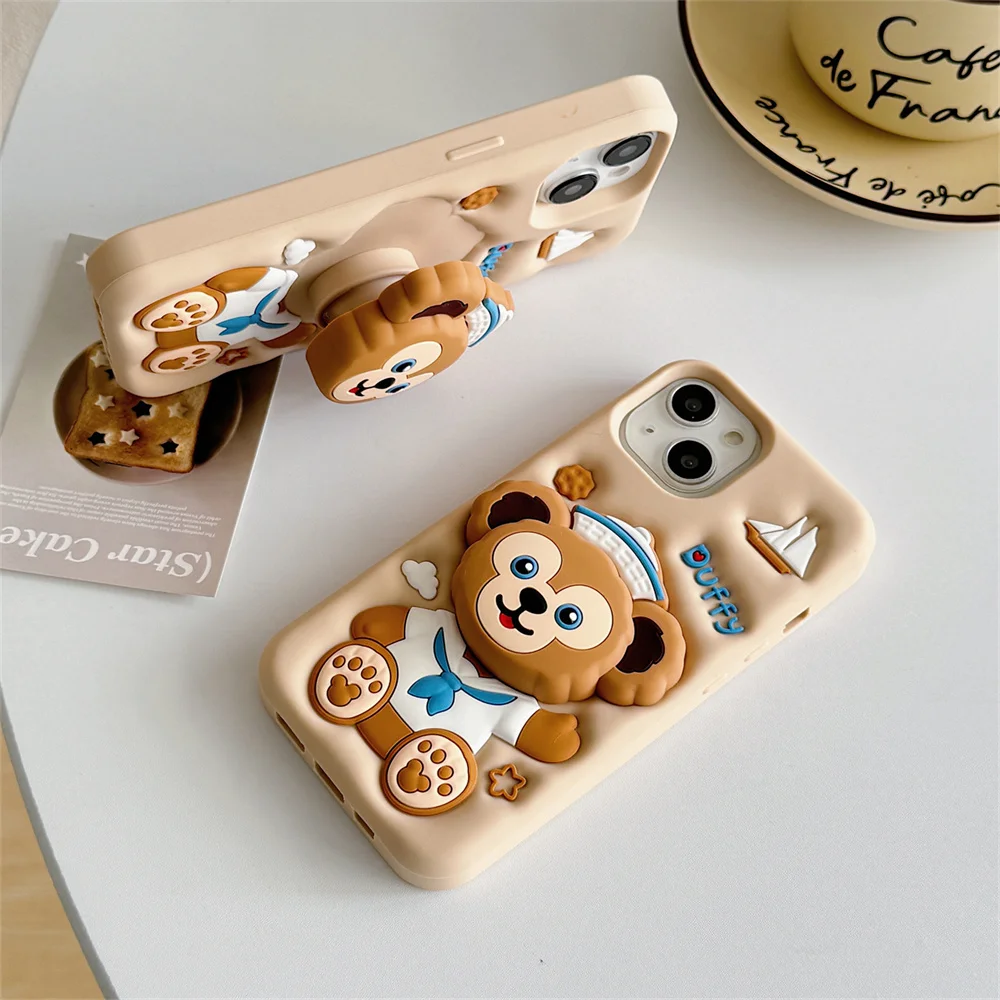 Фото Милый мультяшный чехол с медведем для iPhone 17, 16, 15 Plus, 14, 13, 12, 11, 16E, 17 Pro Max, с 3D-подставкой в виде Дэффи и Шерли Мэй №5