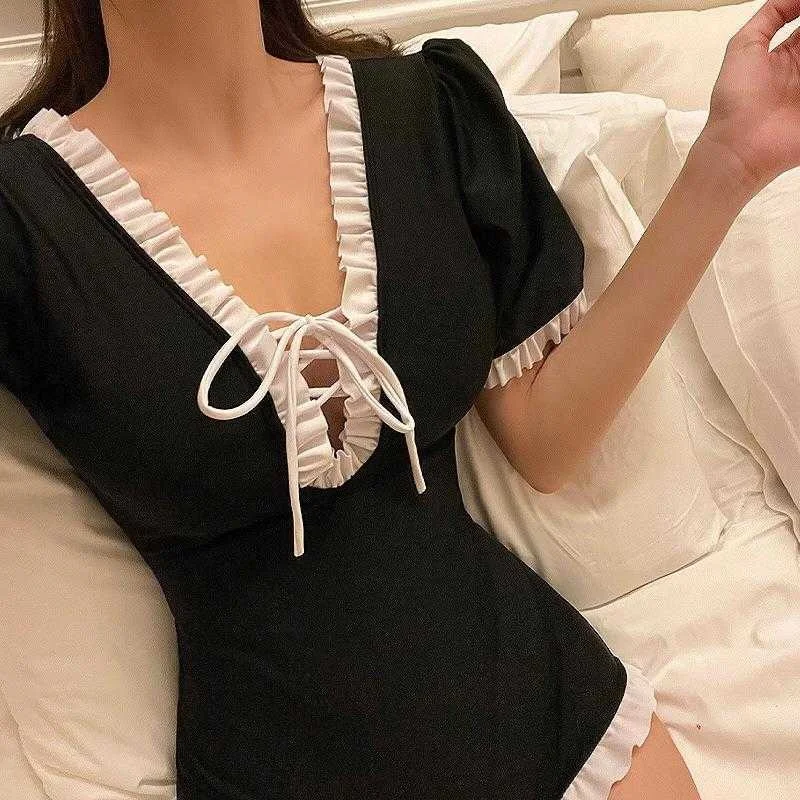 

Ruffled One Piece Swimsuit Womens Short Sleeve Slim Fit And Thin Cover Belly