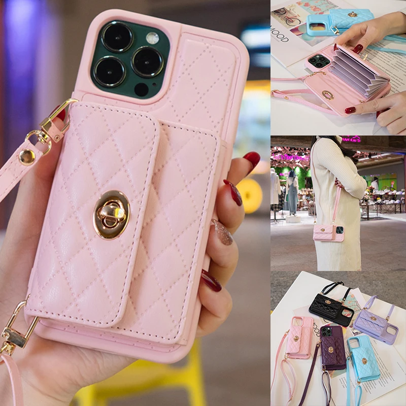 

Small Fragrant Wind Organ Card Bag Metal Buckle Wallet Leather Case For iPhone 14 Pro Max 13 12 11 SE 2022 X XS XR 8 7 6 6S Plus