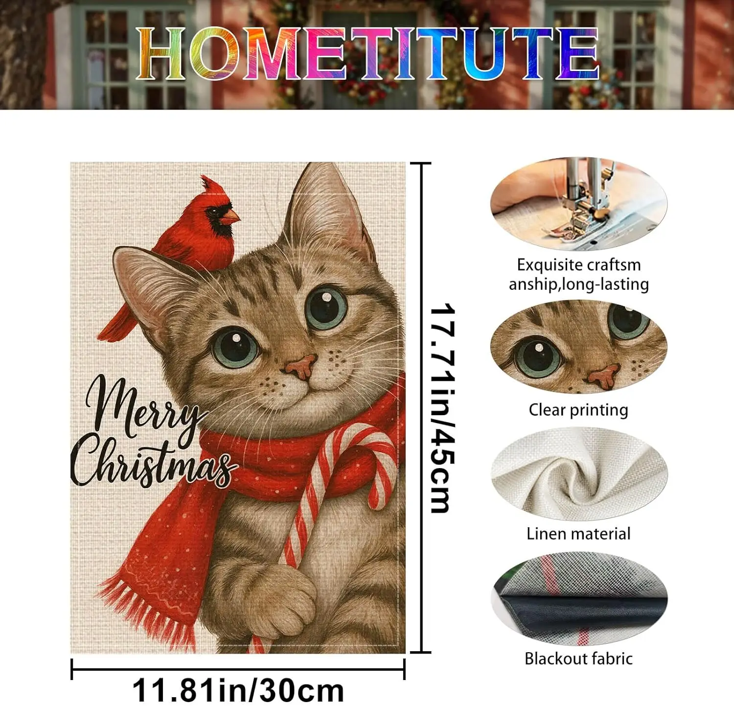 Фото Новогодний садовый флаг с кошкой, двусторонний, 12x18 дюймов, из мешковины, праздничный садовый флаг с кошкой табби, сезонный баннер для дома и улицы №3
