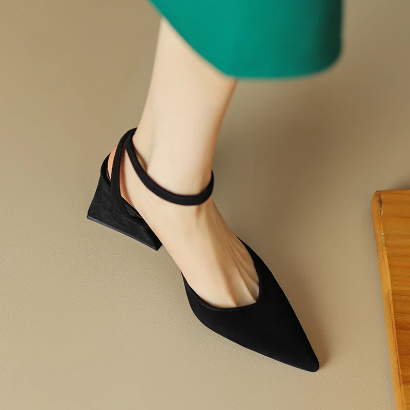 2023 Spring Summer Split Leather Sandals Women's Chunky Pointed Toe Fashion Casual Shoes Ladies Shoes  Luxury Sandals