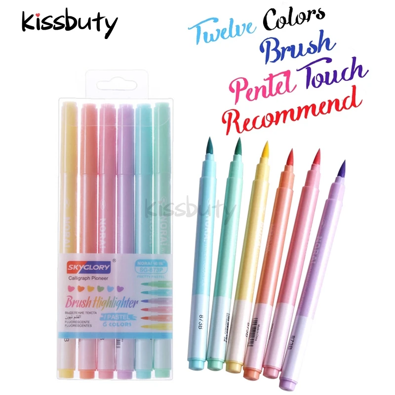 

6 Colors/Set Highlighter Pen Soft Brush Midliner Fluorescent Color Art Marker Pen School&Office Drawing Painting DIY Stationery