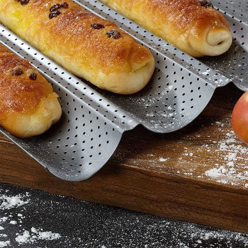 

French Bread Baking Pan Nonstick Perforated Baguette Pan 4 Wave Loaves Loaf Bake Mold Toast Cooking Bakers Molding Tools