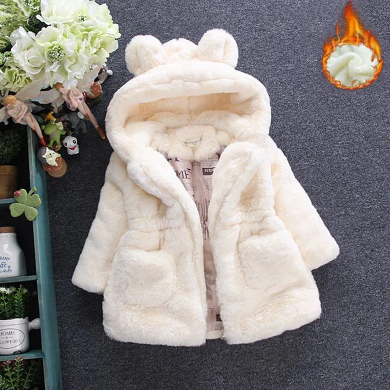 

Зимнее пальто для девочек, теплая детская верхняя одежда, куртка для маленьких девочек, модная Милая Детская куртка с капюшоном и кроликом