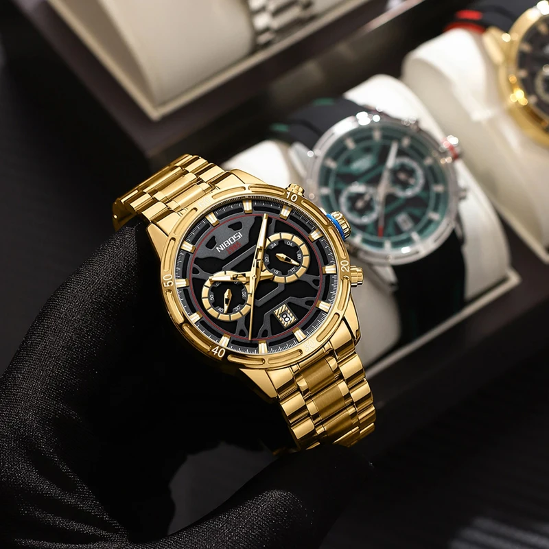 

NIBOSI Fashion Gold Business Mens Watches Top Brand Luxury Full Steel Waterproof Quartz Watch with Date 24 Hours Luminous Hands