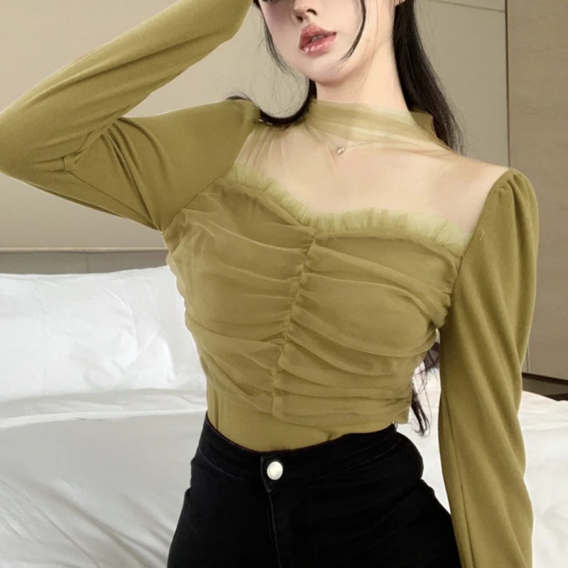 

Woman T-shirt French Chic Velvet Mesh Patchwork Women T-shirts Square Collar Long Sleeve Tees Pleated Top Female Dropshipping
