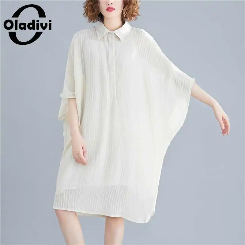 

Oladivi Oversized Women See Through Blouses Ladies Casual Loose Transprant Shirts Summer 2022 New Striped Top Blusa No Inner 5XL