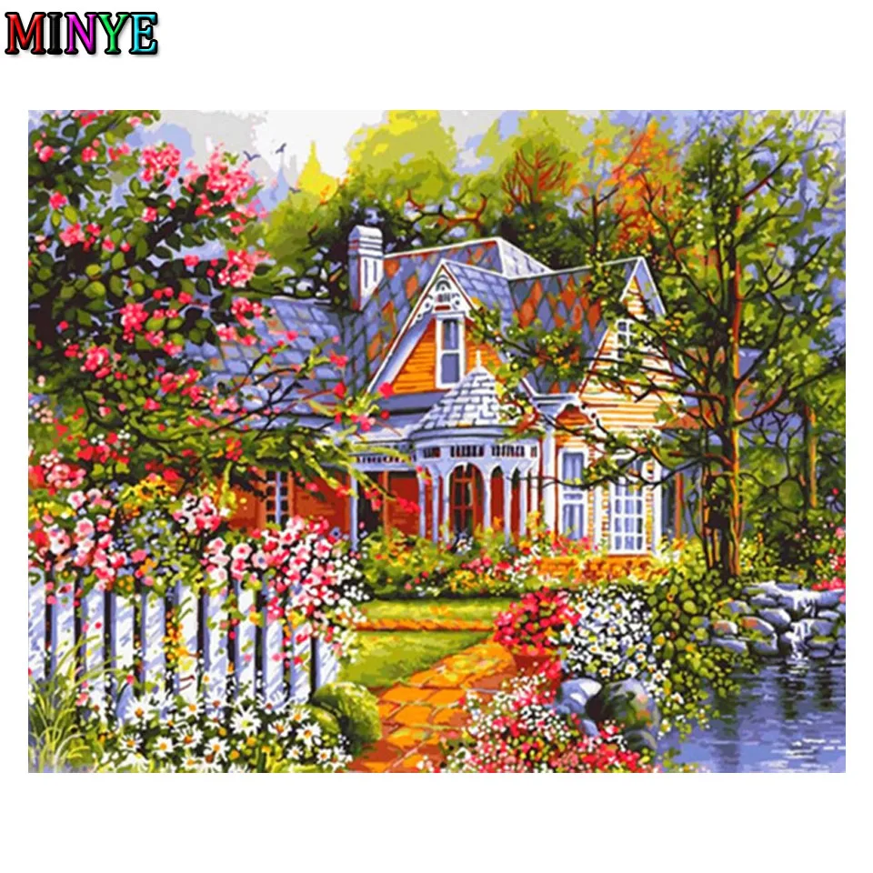 

5D DIY картины по номерам, Цветочный дом, ручная роспись, украшение для дома, фотография пейзажа, рисунок на холсте, настенное искусство, подаро...