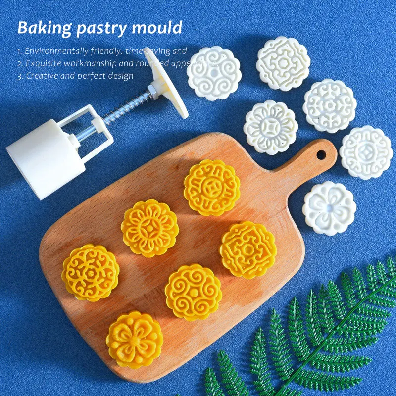 

Mooncake Mold Set Cookie Cutter with Stamp Oriental Pastry Confectionery Molds Hand Pressure Fondant Moon Cake Decoration Tool