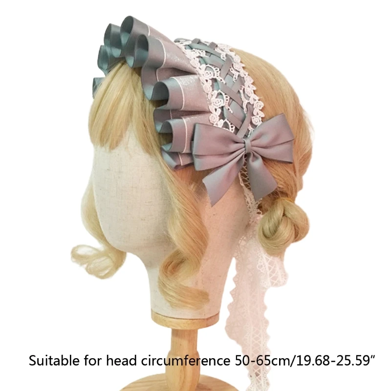 

Japanese Lolita Maid Cosplay Headdress Ruffled Crisscross Bowknot Hairband Sweet Floral Lace Ribbon Vintage Party Hair for Women