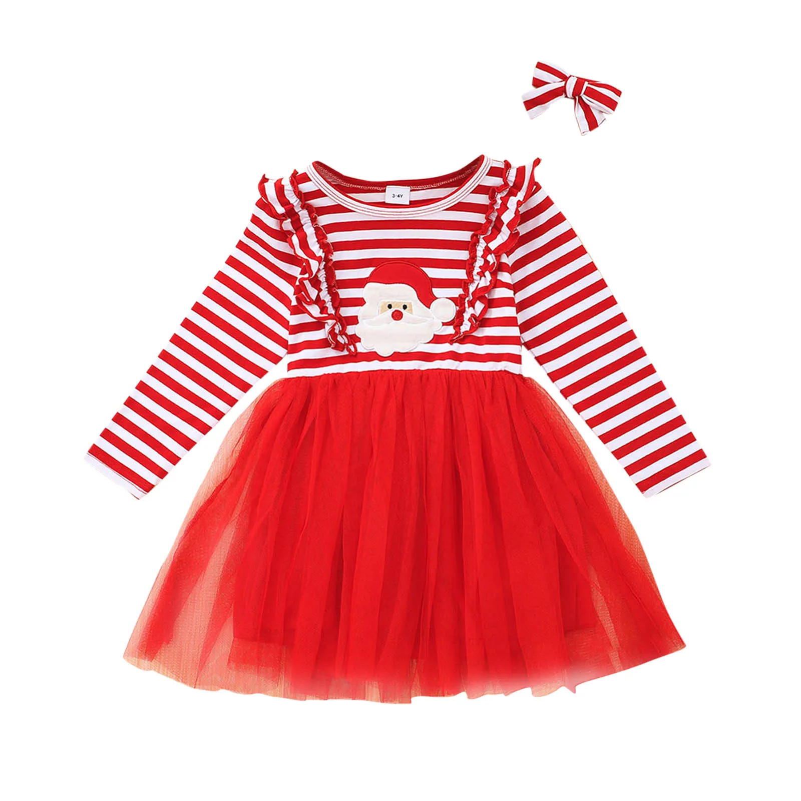

Party Christmas Dress Princess Striped Baby Long Santa Xmas Ruffles Sleeve Tulle Toddler Girls Dress with Ruffles Little Dress