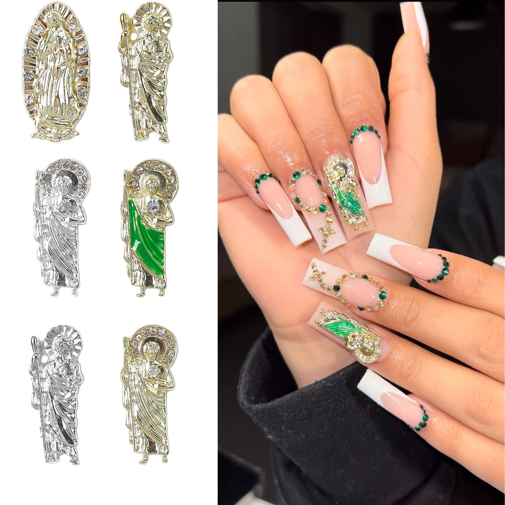 

10Pcs Virgin Mary Nail Charms Green/Silver/Gold Buddha Statue Jewelry Nail Parts Bling Diamond Metal Alloy Manicure Punk Jewelry