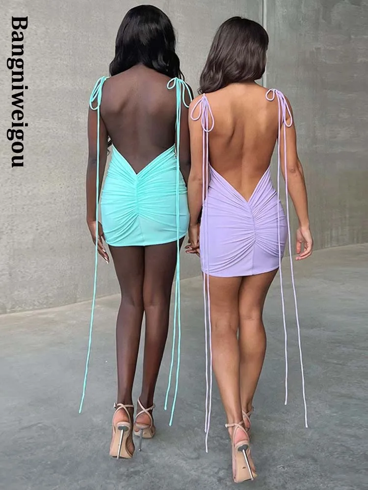 

Bangniweigou V Ruched Strap Slip Mini Dress Women Party Solid Color Backless Bodycon Clubwear Short Robe