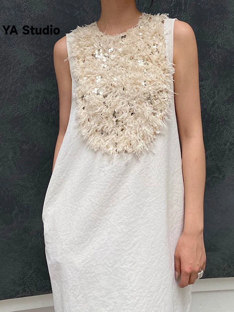 

[YA Studio] K Heavy Sequins Ultra Light Feather Splice Hollow Yarn Design Feel Sleeveless Dress For Women Summer