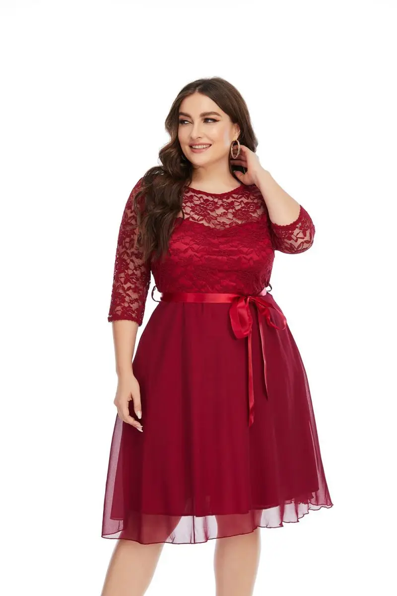 

Plus Size Dress Middle Fashion Women Elegant Sweet Hallow Out Dress Sexy Party Princess Slim Autumn Dresses Lace Vestidos Red