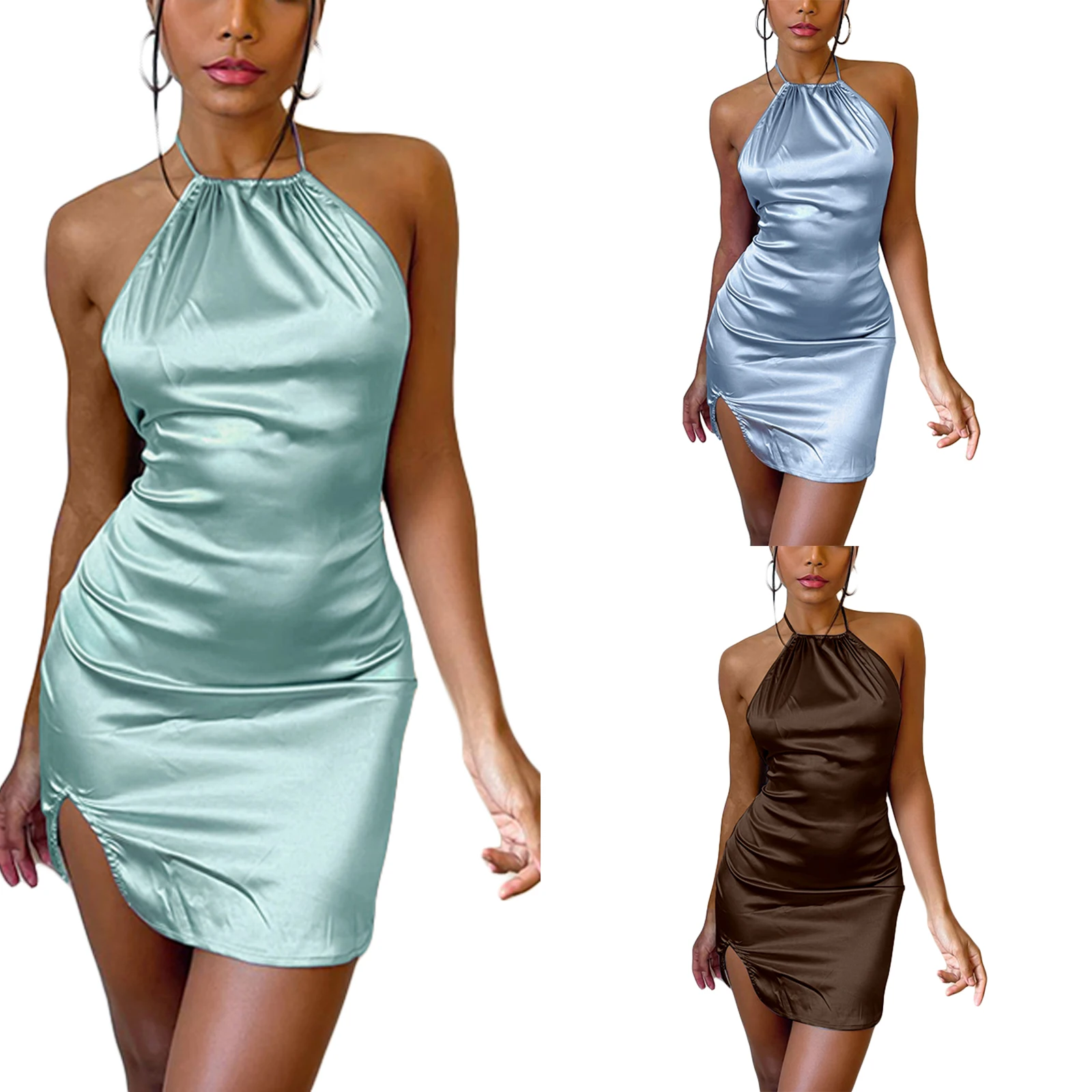 

Women Solid Color Dress Summer Female Halter Neck Sleeveless Open Back Suspenders Polyester Thin Mini Dresses