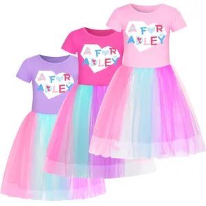 Summer Toddler Girl Clothes Set Baby Beach Dresses Cute A FOR ADLEY Short sleeve Lace Princess Dress Kids Birthday party dress