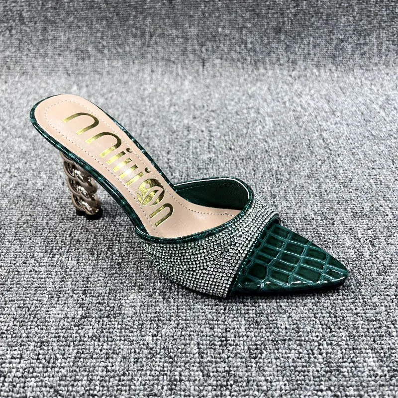 2023 Summer New Women's Slippers Sexy Luxury Pointed Rhinestone Colored High Heel Slippers Wedding Bridal Party Large Size Shoes