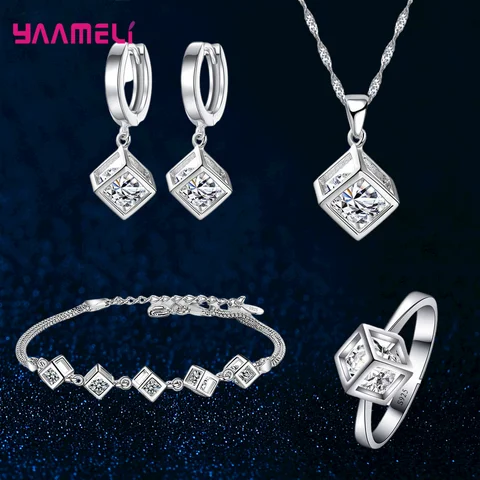 100% настоящее серебро 925 пробы с кубическим цирконом, ожерелье, серьги, кольцо, браслет, комплект для женщин и девочек, модные ювелирные изделия для свадебной вечеринки, подарок