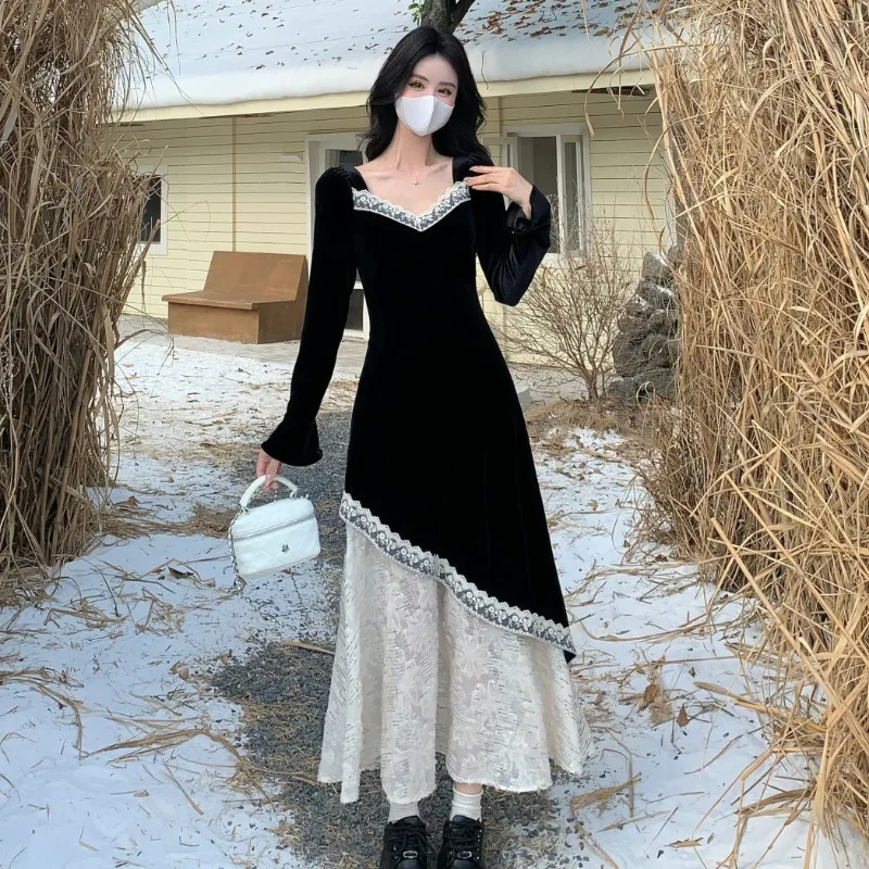 Элегантные винтажные велюровые кружевные тонкие платья с длинными рукавами и