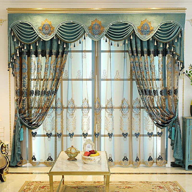 European Style Curtains for Living Dining Room Bedroom Custom Luxury Hollow Embroidered Blue-green Window Curtain Room Decor