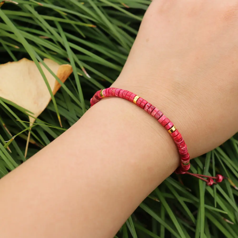 

Unique Design 2x4mm Red Imperial Jasper Stone Beads Braid Bracelets For Women Delicate Dainty Adjustable Yoga Bracelet Jewelry