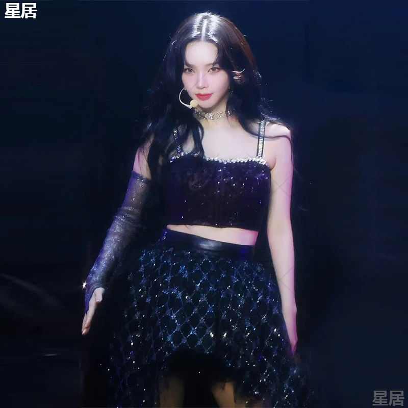 Новая женская группа Kpop сценические наряды сексуальные черные блестящие топы на