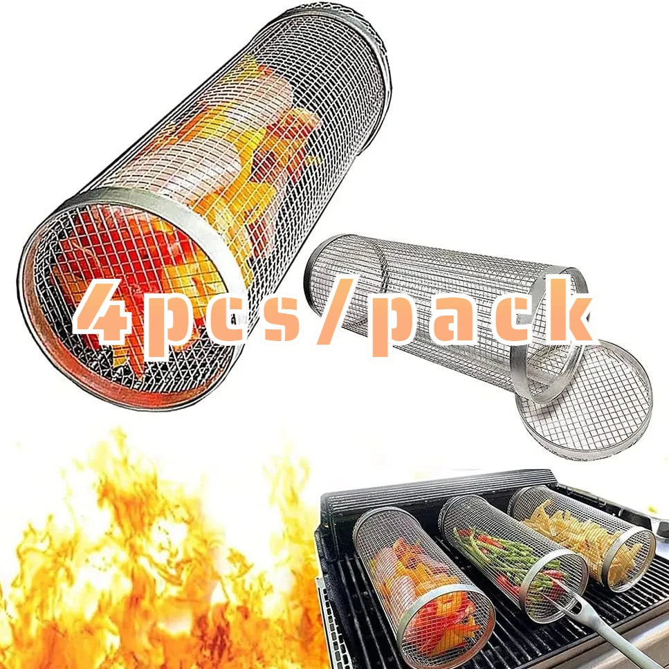 

Rolling Grilling BBQ Basket Stainless Steel Leak proof Mesh Barbecue Rack Outdoor Picnic Camping Simple Cylindrical BBQ Grill