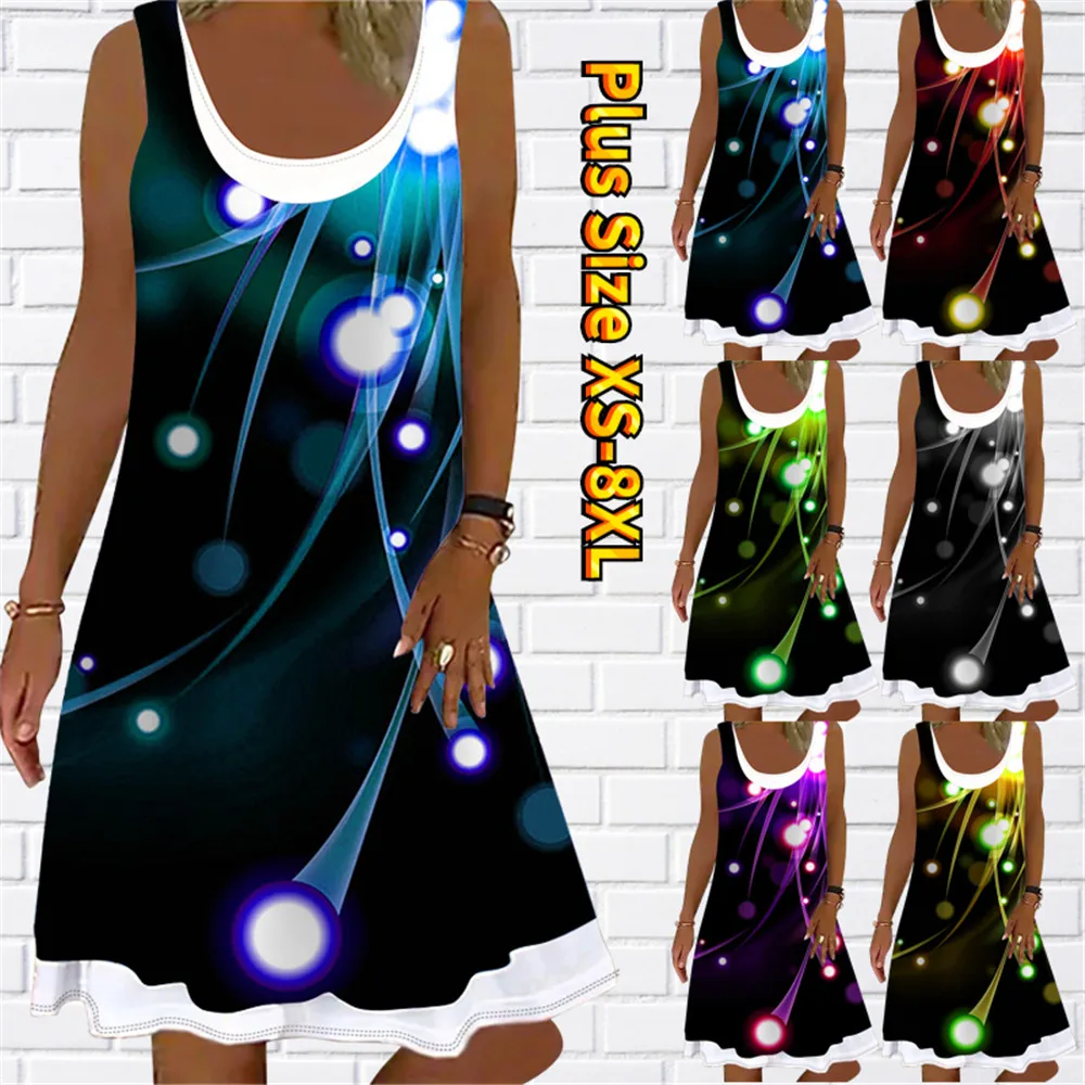 

Summer 2023 On New Women's Knee-length Dress Fake Two-piece Crewneck Sleeveless Sundress 3D Abstract Print Slim Dress