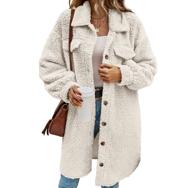 

omen's Fuzzy Fleece Long Sleeve Lapel Open Front Long Cardigan Coat Outwear