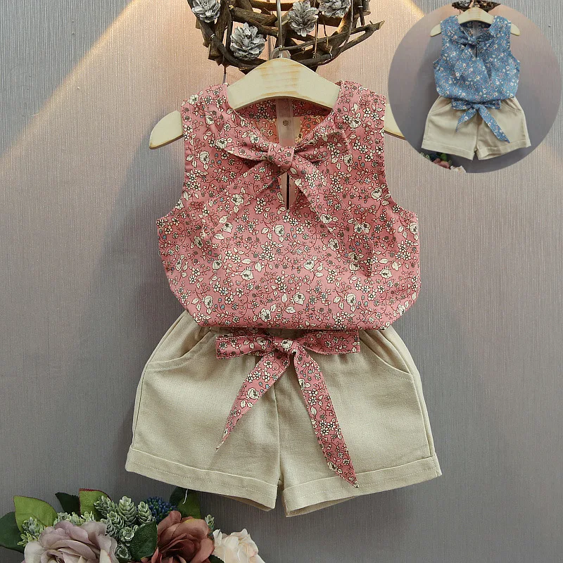 

2022 Summer Girls Floral Sleeveless Bow Vest and Shorts Suit Birthday Gift Baby Girl Clothes Kids Boutique Clothing Wholesale